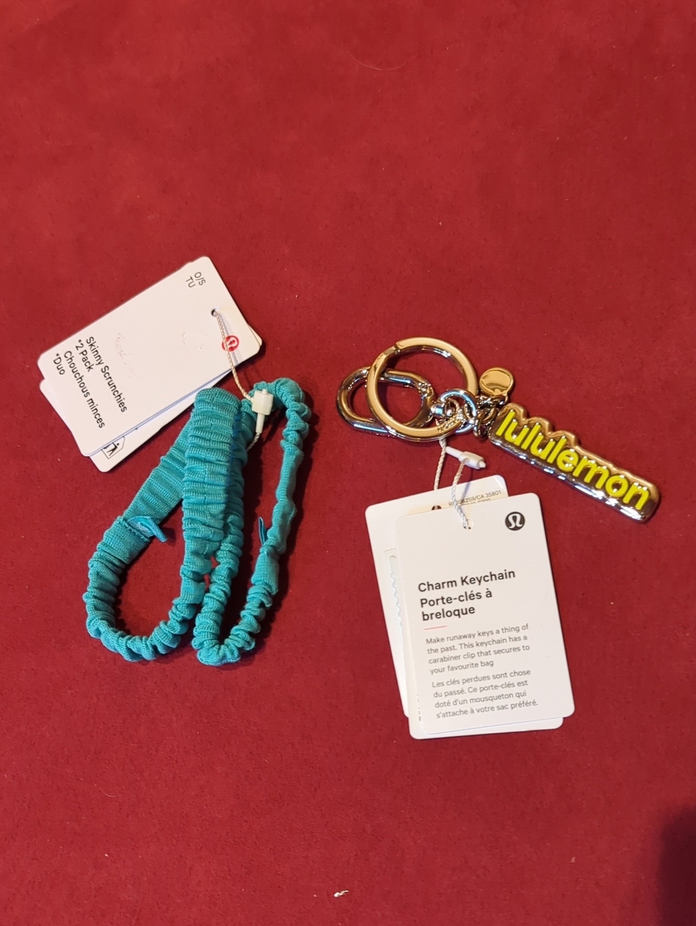 Lululemon Bundle: Metal Keychain/Bag Charm and Skinny Scrunchies Blue Teal NWT